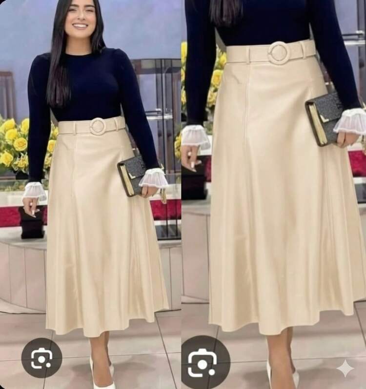 Saia Longa Feminina Modelo Gode Tecido de Couro com Passador para Cinto Moda Evangelica  Simples    elegante    Couro PU    Zíper    lateral   Escritório - Creme - Visão 3