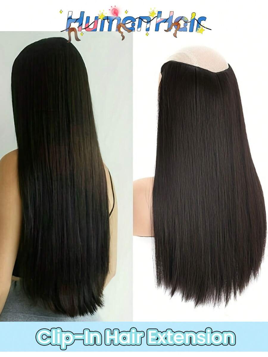 One Piece U-Shaped Straight Clip-In Hair Extensions Virgin Human Hair 8-24inch Natural Black Hair Extension Bundles For Women Easy Wear With 5 Clips All-In-One Hair-Volume Human Hair Wig Seamless Weft Silky Straight Human Hair Extensions - Natural Black - View 1
