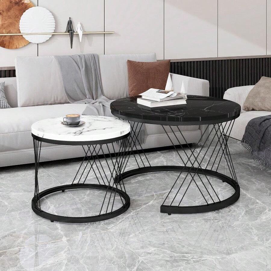 2-Piece Nesting Coffee Tables, Round Marble Pattern Top With Gold Frame, Space Saving Side Table Set For Living Room & Bedroom, White & Black - White+Black - View 1