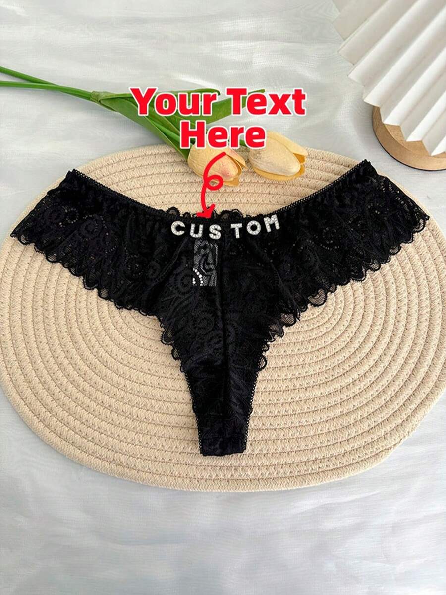 Custom Rhinestone Letter Name Text & Special Date Sexy Lace Floral Panties Low Rise Underwear Personalized Gift For Wife Lover Anniversary Festival