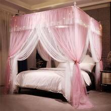 4 Corners Post Ruffle Princess Bed Canopy CurtainDouble Layer Cozy Drape Netting 4 Opening Mosquito Net For Girls Adults Bedroom Decoration Pink Whtie,64 W82 L82H Queen - PinkWhtie64W82L82HQu - 查看 5