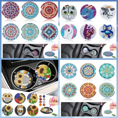 6pcs DIY Diamond Painting Car CD Coasters, Mandala, Animal Pattern Diamond Painting Kits, With Crystal Gem Mosaic Decoration, Suitable For Car Anti-Slip Cup Holders Decor