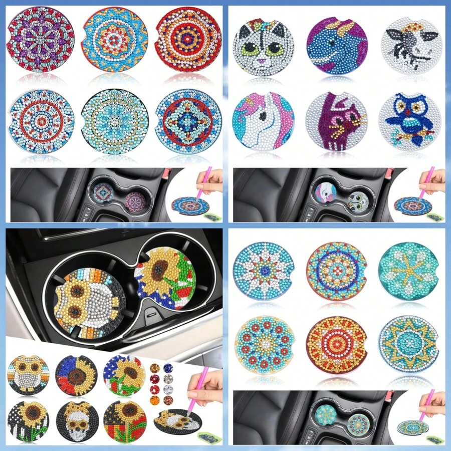 6pcs DIY Diamond Painting Car CD Coasters, Mandala, Animal Pattern Diamond Painting Kits, With Crystal Gem Mosaic Decoration, Suitable For Car Anti-Slip Cup Holders Decor - Multicolor - View 1