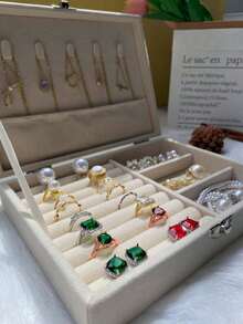 1个大容量植绒首饰盒，首饰收纳盒，项链、耳环、手链、戒指首饰盒，优雅法式风格，金色首饰盒，奢华多层可锁首饰收纳盒，防氧化手链、耳环、项链首饰盒，多隔层多层戒指、手链、吊坠首饰收纳盒，首饰手提箱