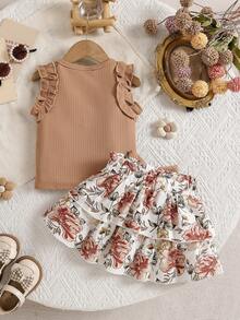 两件套女婴棕色圆领无袖荷叶边上衣和花朵蝴蝶结多层蛋糕裙套装，面料柔软，设计可爱 - 棕色 - 查看 2