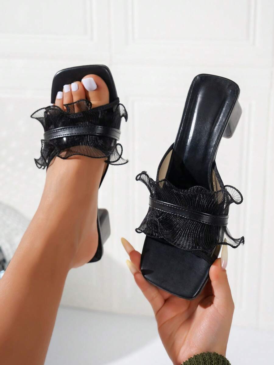 女士方头黑色网面优雅套脚高跟凉鞋，夏季新款时尚简约荷叶边设计粗跟凉鞋，适合搭配连衣裙、约会和通勤。 - 黑色 - 查看 1