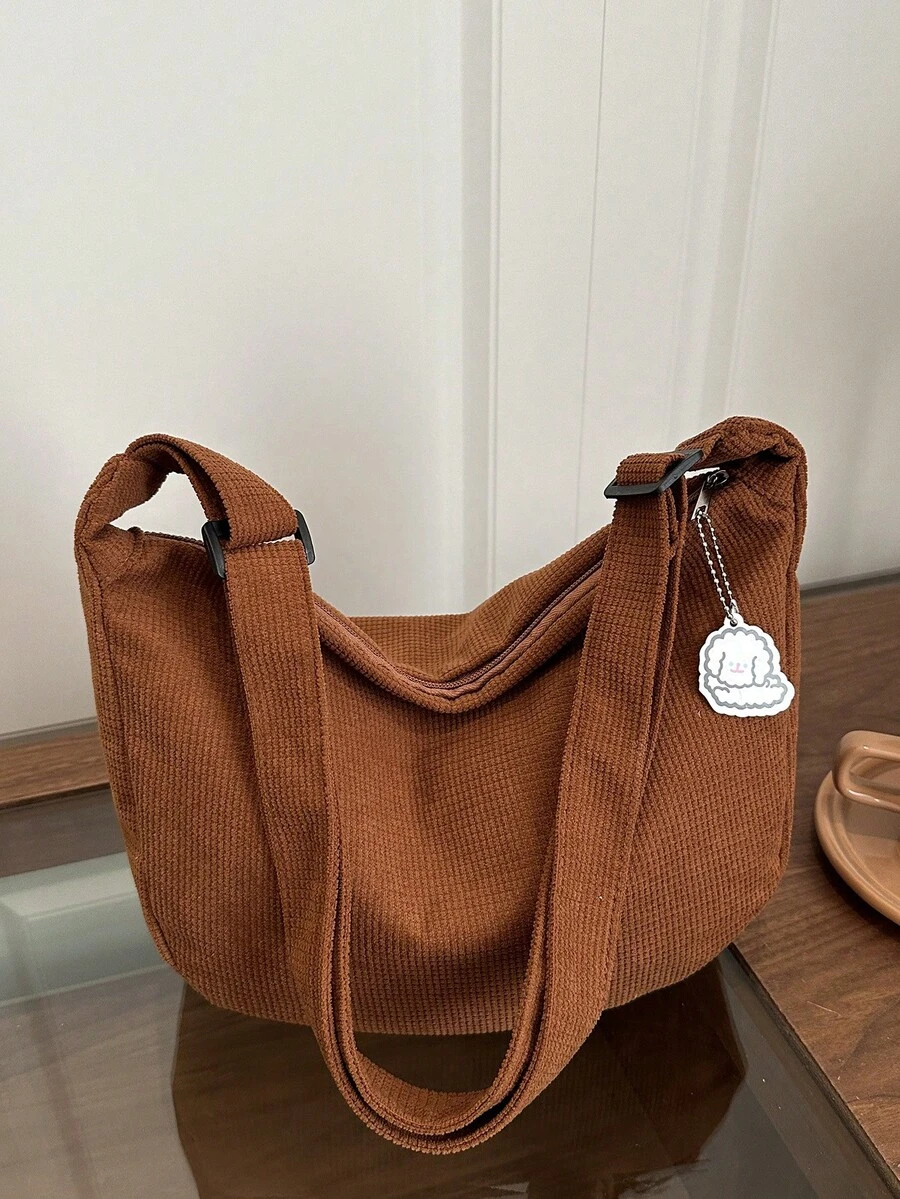 Tas Selempang Kasual Wanita yang Lucu, Warna Polos, Cocok untuk Perjalanan Sehari-hari - Coklat - View 1
