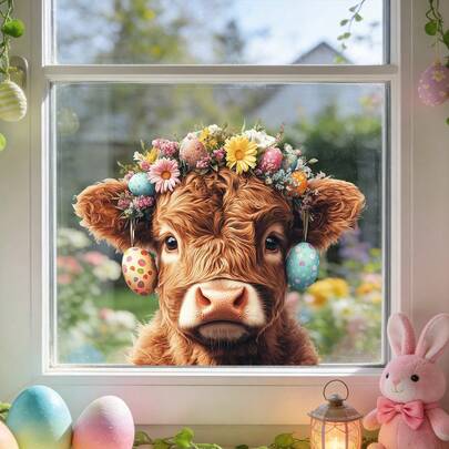 Calcomanías estáticas para ventanas de Pascua, con una adorable vaca de las tierras altas, un conejo y un cachorro con coronas florales, rodeados de patrones de huevos. Hechas de material de PVC resistente al agua y con efecto estático, son removibles y reutilizables, adecuadas para la sala de estar, ventanas de la cocina, fiestas de primavera, decoración de estilo granja y ambiente de fiesta.