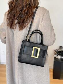 1pc Women's Fashionable Commuter Solid Color Handbag, Portable Versatile Shoulder Bag, Niche High-Quality Luxury Casual Crossbody Bag, Suitable For Dates, Shopping, Gifts, Work - Black - View 5