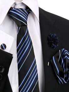 4件套男士商务领带、翻领别针西装、婚礼派对礼物、日常时尚条纹领带套装 - 水鴨藍 - 查看 8
