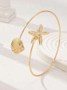 1 Pc Shell Starfish Decor Wrap Arm Cuff Upper Arm Band Women Summer Vocation Arm Jewelry - 金色 - 查看 3