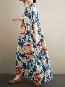 Đầm mùa hè phong cách Bohemian dành cho nữ năm 2026, đầm đi nghỉ mát cỡ lớn, cổ tròn tay ngắn, vải dệt in họa tiết mùa hè, gấu đầm thông thường có túi, đầm đi biển ôm dáng thanh lịch. - Màu xanh hải quân - Xem 6