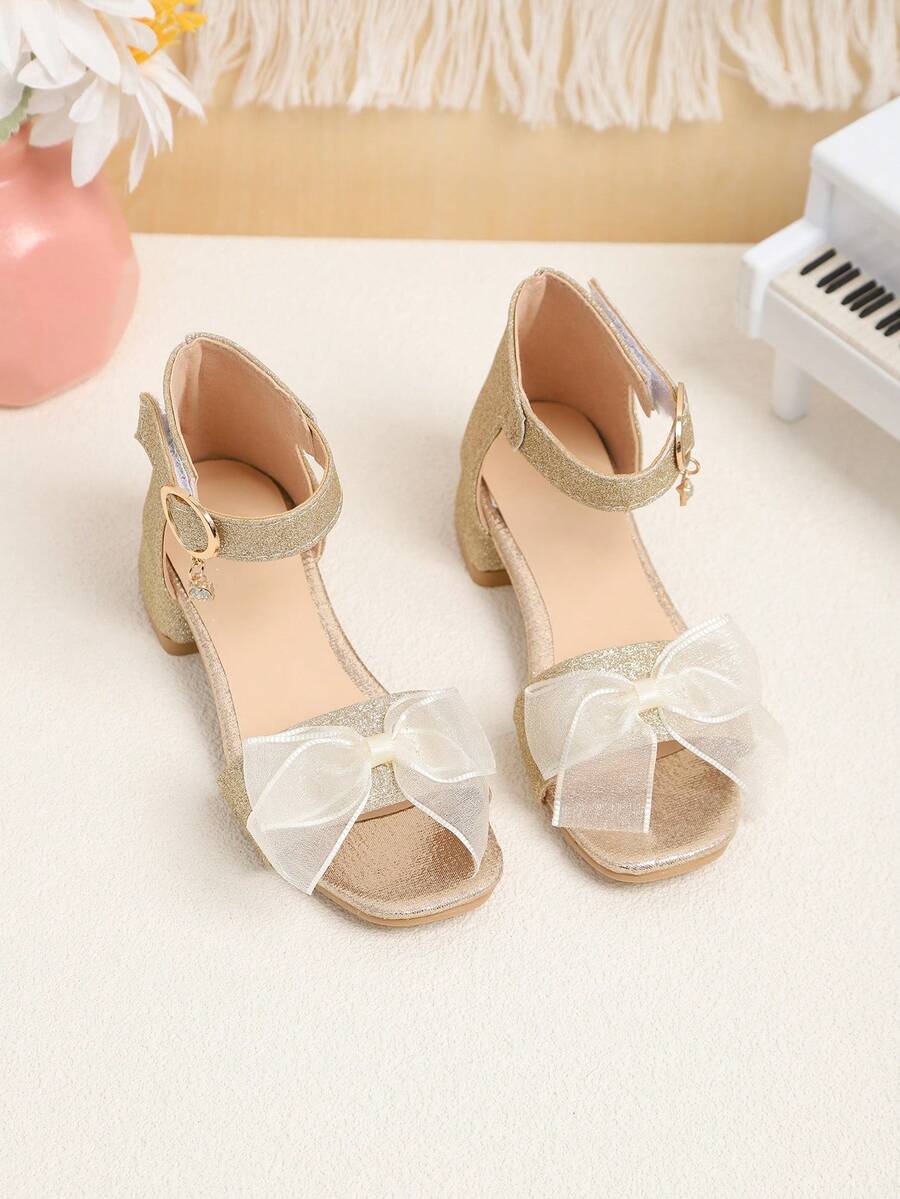 1 Pair Gold Plus Size Girls' Thick Sole Sandals, Shiny Leather Upper With Mesh, Bow Decor, Classic Strap Hoop And Loop Closure, Shiny Pendant Accent, Square Toe, Non-Slip Thick Bottom, Cute Beach Sandals Suitable For 3-15 Years Old Girls, Daily, Casual, Beach, Holiday, Party, Spring/Summer - Gold - View 1