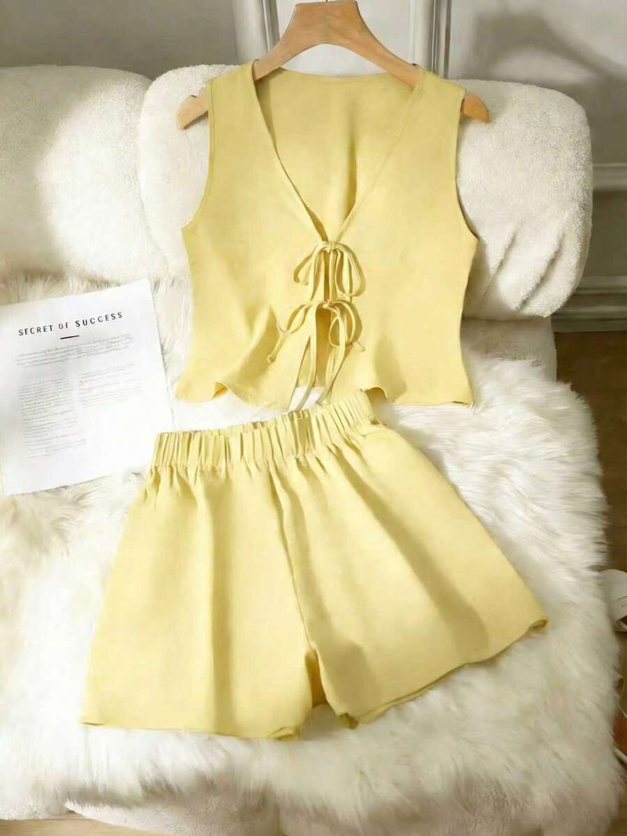 2pcs/Set Solid Color Casual Knotted Women Outfit, Spring/Summer Elegant - Pale Yellow - View 1