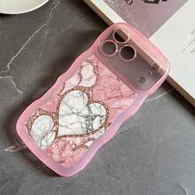 1pc Fashionable Wavy Irregular Protective Phone Case With Heart & Marble Pattern, Compatible With IPhone 17 Air/17 Pro/17 Pro Max/17/16e/16/15/14/13/12/11/X/XR/8/7, Galaxy A14/A15/A54/S24/S24 Ultra Series - Pink - View 3