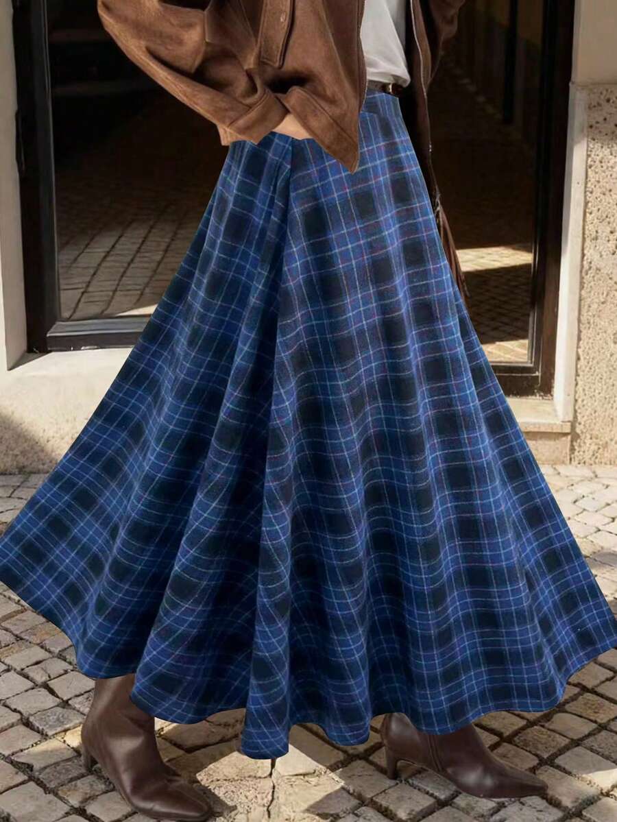 EARO 时尚女士格子长裙，高腰褶裥 A 字羊毛混纺休闲通勤长裙 - 藍色 - 查看 1
