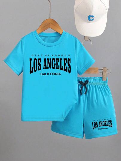 2pcs/Set Boys' Cartoon Print Short Sleeve T-Shirt And Shorts, Suitable For School, Campus, University