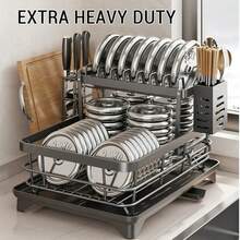2-Tier Black Expandable Dish Drying Rack, Suitable For Kitchen Countertop, Large Dish Drainer With Pot Rack, Cup Rack, And Dish Rack For Iron Kitchen Counters And Sink Dish Racks - Large-Capacity Storage Rack With Draining Board, Dish Rack, And Cup Hooks - Fordable Design, Efficiently Saves Space For Storing Plates, Bowls, Pots, And Utensils, Efficiently Stores Plates - Fordable Rack - Durable Kitchenware, Kitchen Countertop Dish Drying Rack - Black - View 1