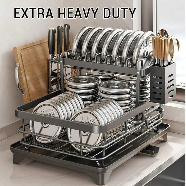 2-Tier Black Expandable Dish Drying Rack, Suitable For Kitchen Countertop, Large Dish Drainer With Pot Rack, Cup Rack, And Dish Rack For Iron Kitchen Counters And Sink Dish Racks - Large-Capacity Storage Rack With Draining Board, Dish Rack, And Cup Hooks - Fordable Design, Efficiently Saves Space For Storing Plates, Bowls, Pots, And Utensils, Efficiently Stores Plates - Fordable Rack - Durable Kitchenware, Kitchen Countertop Dish Drying Rack