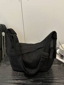 Fashionable Solid Color Nylon Waterproof Shoulder Bag, Casual Minimalist College Style, Wide Strap, Multiple Zipper Design, Suitable For Students, Commuting, Shopping, Daily Use - Black - View 10