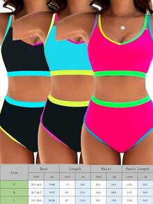 2026 Women's High Waisted Bikini Sets Sporty Two Piece Swimsuits Color Block Cheeky High Cut Bathing Suits - Màu xanh nhạt - Xem 2