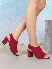 Women's Red Square Heel Sandals, Suitable For Spring/Summer, Elegant Wedding Bride High Heels, Party & Holiday, Minimalist Slingback Dress Sandals, Commute & Office Wear - Red - View 6