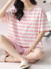 [Đồ ngủ AICJ] Bộ đồ ngủ nữ 2 món, phong cách thường ngày, mùa xuân/hè, áo sơ mi kẻ sọc tay trễ và quần short, đồ mặc nhà thoải mái, thích hợp cho cả ngủ trong nhà và ngoài trời. - Màu Hồng baby - Xem 7