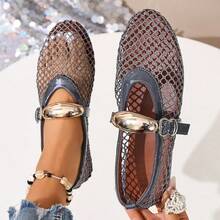 2025 Summer New Round Toe Fishnet Hollow Ballet Shoes Fashion Flat Shoes High-End Feel - Khóa màu xám - Xem 2