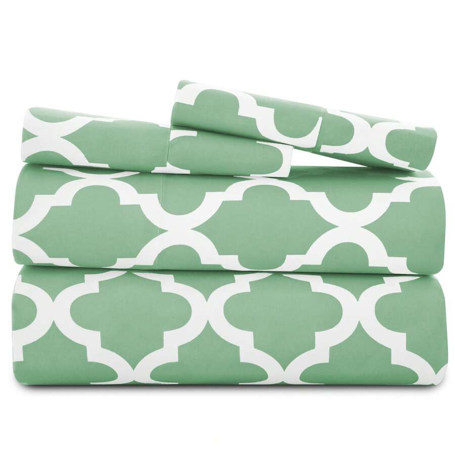 Lux Decor 4 Pieces Quatrefoil Bed Sheets - Stylish Comfy Bedding Set - Hotel Luxury Skin Friendly Cooling Sheets & Pillowcases Without Filler - Classic Collection With 16 Inches Deep Pocket - Shrinkage & Fade Resistant, Valentine's Day Bedroom, Spring Bedding Refresh, Guest Room Essentials, Dorm Room Bedding, Premium Bed Linens, Easy Care Sheets, Hypoallergenic Fabric, Year-Round Comfort, Master Bedroom Update, Matching Bedding Set, Hotel Quality Linens - 鼠尾草和白色 - 查看 1