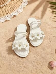 1双3-10岁女童白色3D雏菊凉鞋，柔软PU防滑露趾双带平底鞋，清新甜美风格，夏季童鞋，沙滩/日常穿着 - 白色 - 查看 4