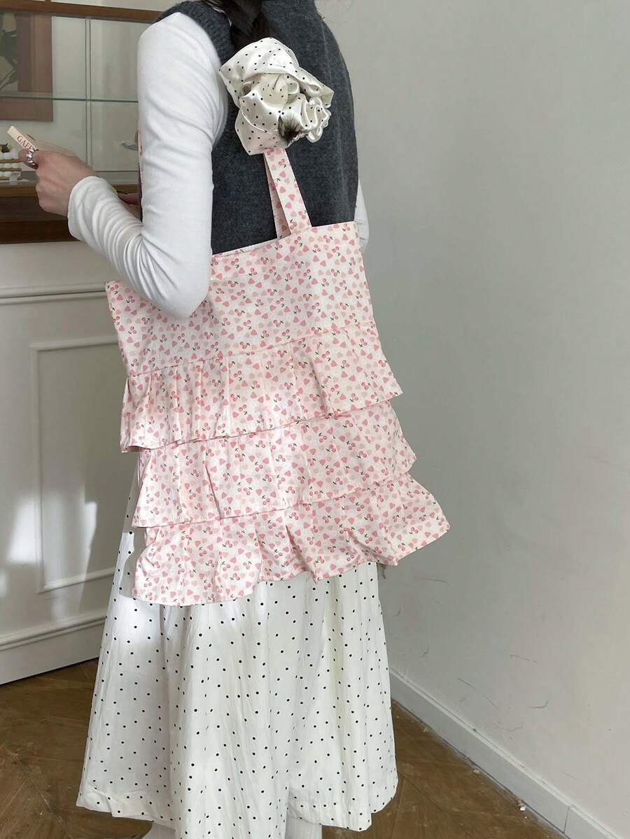 Bolso de lona con volantes en los hombros, estilo Mori, versión coreana de literatura y arte para estudiantes, bolso de lona suave para chicas, nuevo para el verano 2024 - Rosa Pálido - Ver 1