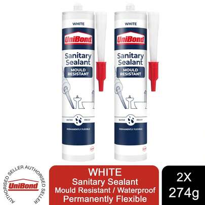  UniBond Mould Resistant Sanitary Sealant Cartridge White 274g 2 Pack, Waterproof Sealant For Baths, Showers And Sinks