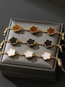3pcs Set Classic Black, White, Brown 4-Leaf Clover Bracelets (No Gift Box)