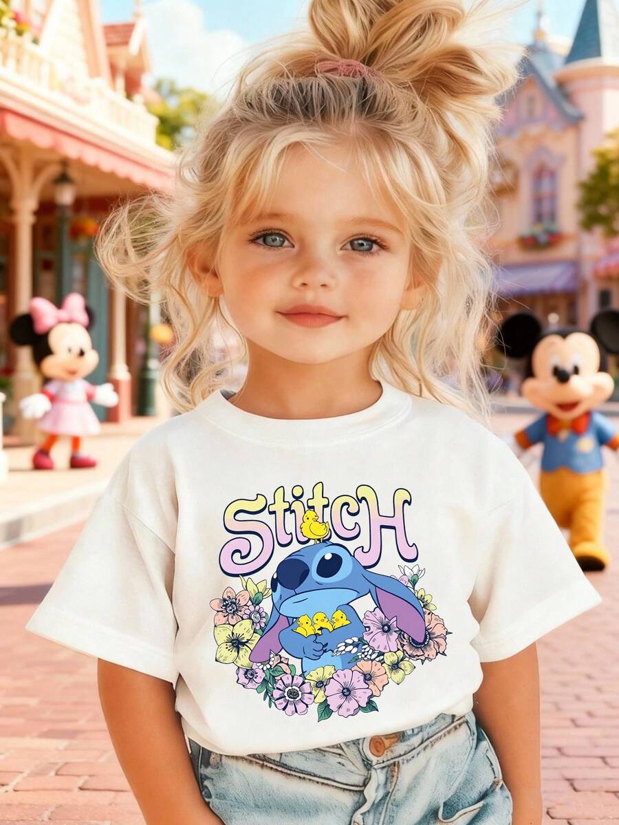 Disney Girls' T-Shirt, Creative Stitch Alphabet Cartoon Print, Summer Cotton Crew Neck Short Sleeve For Girls, Suitable For Everyday Wear, Vacations, Outdoor Activities, And As A Gift For Children. - 白色 - 查看 1