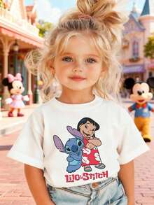 Disney Girls' T-Shirt, Featuring Creative Stitch And Lilo Cartoon Prints. Summer Cotton Crew-Neck Short-Sleeve Tee For Girls, Perfect For Everyday Wear, Vacations, Outdoor Activities, And As A Gift For Children. - Blanc - Voir 1
