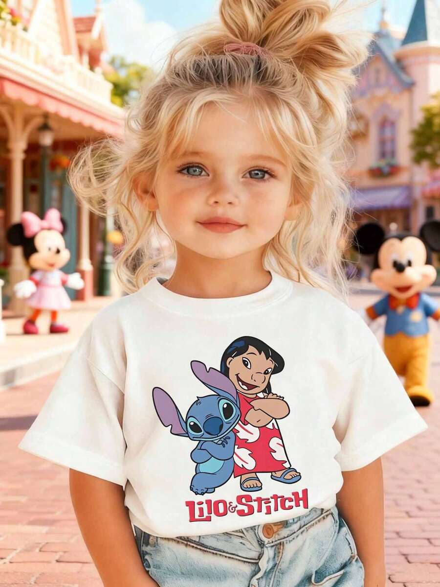 Disney Girls' T-Shirt, Featuring Creative Stitch And Lilo Cartoon Prints. Summer Cotton Crew-Neck Short-Sleeve Tee For Girls, Perfect For Everyday Wear, Vacations, Outdoor Activities, And As A Gift For Children. - Blanc - Voir 1