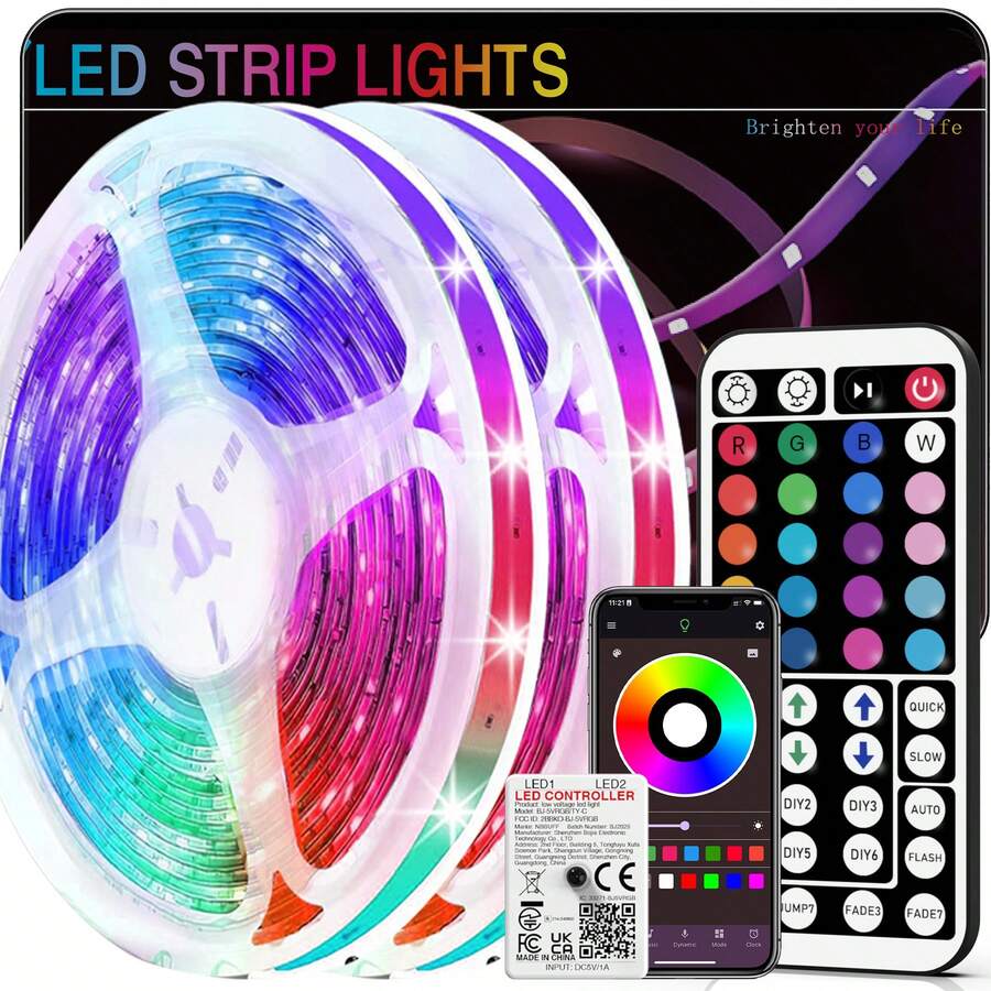 HBOWMDJIA 16ft-100ft Led Strip Lights For Room Decor, With 44-Key Remote And App Control, Change Color In Sync With Music, Timing Setting, Adjustable Brightness, Led Lights For Bedroom, Living Room, Game Rooms, Kitchen,TV Backlight, Halloween Party Decor, Christmas Gifts - 多色光 - 查看 1