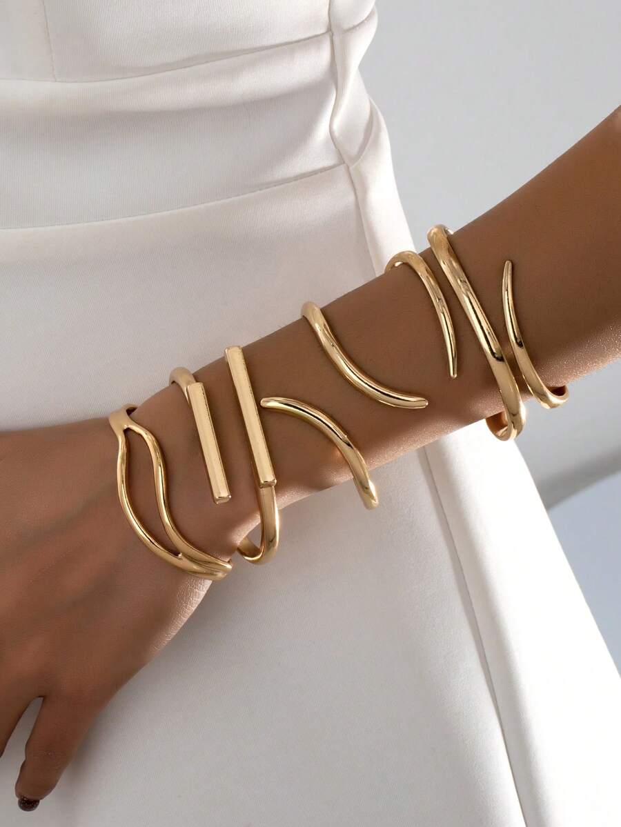 4pcs/Set Geometric Metal Bangle Bracelet Set, Designed For Women, Suitable For Daily Commute And Multiple Occasions, Stackable Jewelry Accessory - Yellow Gold - View 1
