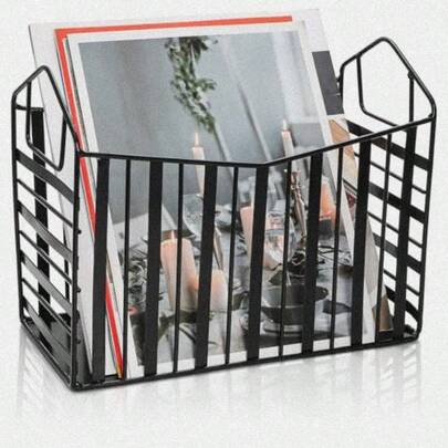 Metal Magazine Holder Document File Rack With Handle Newspaper Book Folder Mail Organizer Bin Iron Wire Tablet Storage Basket Stand For Home Office Bathroom Bedroom Den Living Room Black