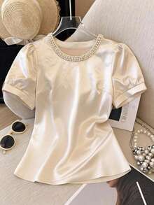 大码女士优雅缎面短袖衬衫，珍珠圆领 - 香檳色 - 查看 2