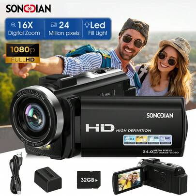  SONGDIAN 270° digitalkamera med fällbar skärm, 16X zoom, 1080P HD, 3" vidvinkelobjektiv, kombinerar telefon, videokamera och kamera, perfekt för resevloggning. Inbyggt batteri på 1000 mAh med lång livslängd, perfekt present till Thanksgiving, jul och nyår.