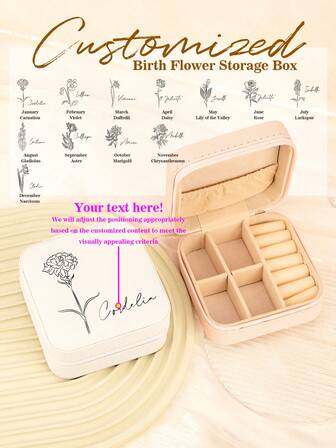 1ชิ้น พิมพ์ลายตามสั่ง: ชื่อที่กำหนดเอง! กล่องเครื่องประดับสี่เหลี่ยมลายดอกไม้สำหรับวันเกิด - กล่องเก็บเครื่องประดับ PU แบบพกพา สามารถเก็บสร้อยคอ ต่างหู แหวน - กล่องเก็บของแบบหลายชั้นสำหรับเดินทาง - ของขวัญที่เหมาะสำหรับน้องสาว ป้า น้า แม่ ย่า แฟน นักเรียน ฯลฯ