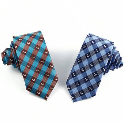 ZLQ&GOU 1pc Cartoon Puppy Plaid Pattern Men's Necktie, Classic Polyester Jacquard Blue Plaid, Neck Accessory For Party And Gathering