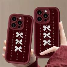 1pc TPU Material Elegant Lace Bow Star Pattern Phone Case Compatible With IPhone 17 Pro Max/17/16 Pro Max/15/13/12/11, S20 FE/A15/S24/A55, Redmi Note 11/Note 12/Note 13 Pro, Full Coverage Anti-Drop Soft Protective Cover - Red - View 1