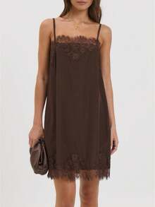 Women Lace Trim Satin Camisole Dress Silky Spaghetti Strap Square Collar Cami Flowy Asymmetrical Going Out Tank - 巧克力棕 - 查看 3