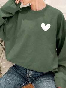 美好的一天，友善积极的字母图案可爱女式宽松圆领长袖休闲卫衣，秋冬款 - 橄欖綠 - 查看 3