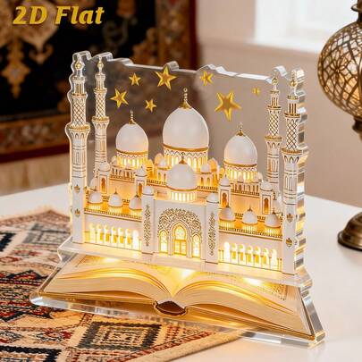 Acrylic Ornament, Modeled After The Grand Mosque Of Abu Dhabi, Featuring A Gilded Dome And Minaret, Adorned With Openwork Star Motifs To Evoke A Sacred Ambiance. The Base Unfolds Like A Gilded Tome, Serving As Both An Islamic Art-Inspired Desktop Decor And A Thoughtful Gift.