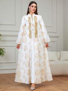 优雅女士斋月新款V领亮片贴花拼接刺绣长款卡夫坦连衣裙，手工串珠，适合派对、约会、居家、开斋节庆祝活动，白色春季款 - 白色 - 查看 1