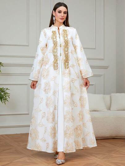 优雅女士斋月新款V领亮片贴花拼接刺绣长款卡夫坦连衣裙，手工串珠，适合派对、约会、居家、开斋节庆祝活动