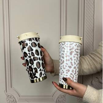 500ml Leopard Print Water Cup, Stainless Steel Insulated Coffee Cup New Highly Attractive Portable Men And Women Water Cup Car Straw Cup Christmas Gift Birthday Gift